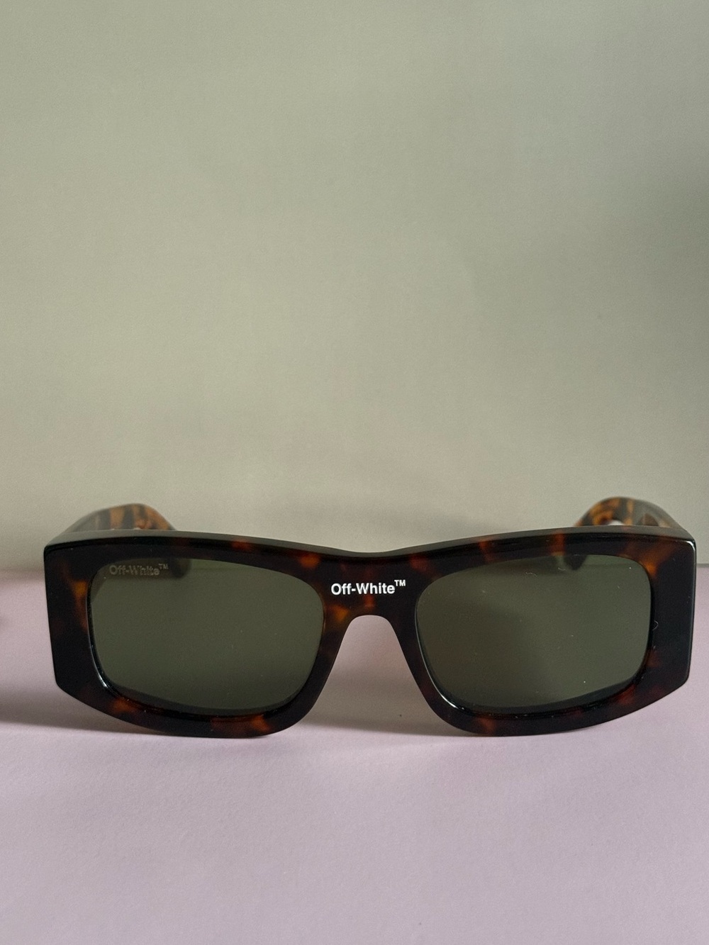 Off-White Rectangular Tortoiseshell Sunglasses with Green Lenses